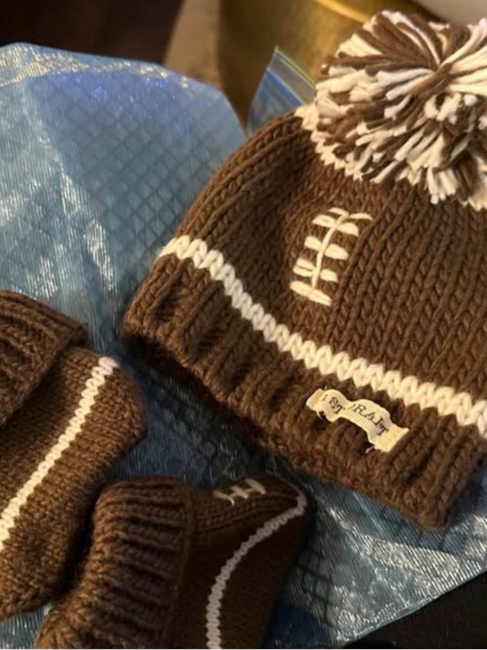 Football hat and bootie Crochet set for baby photos